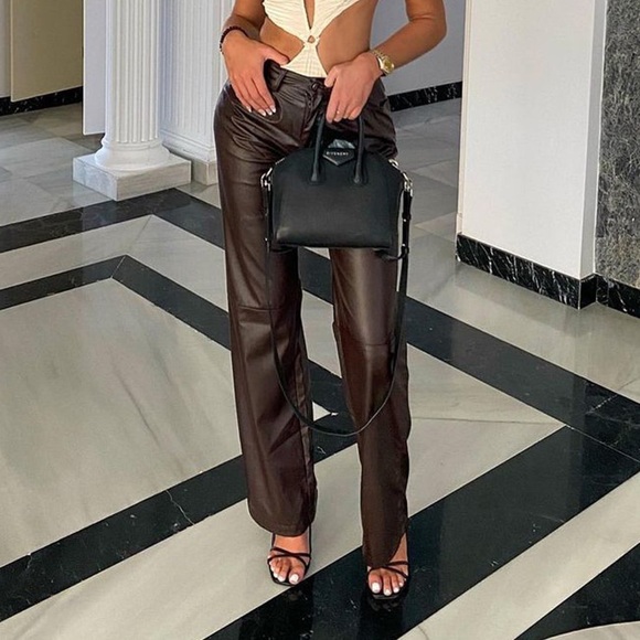 PrettyLittleThing Faux Leather Chocolate Brown Trousers, Size 10 BNWT - Picture 5 of 5